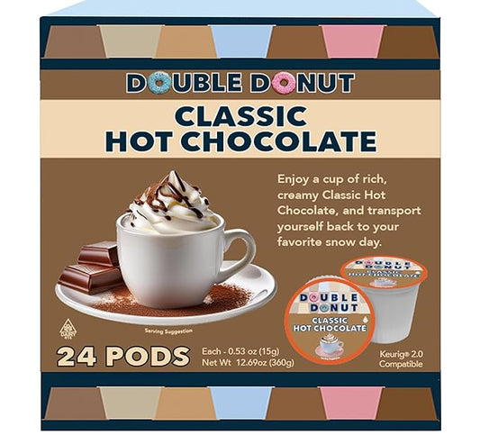Double Donut Hot Chocolate Pods for Keurig K Cups Brewers, Single Serve Classic Hot Cocoa Pods, 24 Count