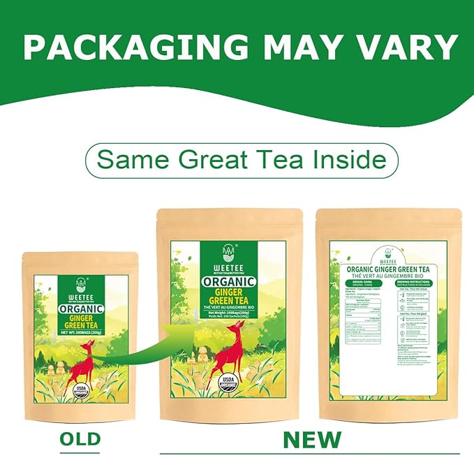 WT WEETEE Organic Ginger Green Tea Bags, Made of Green Tea with Ginger Roots, 100 Warm & Refreshing Low Caffeine Herbal Tea Bags