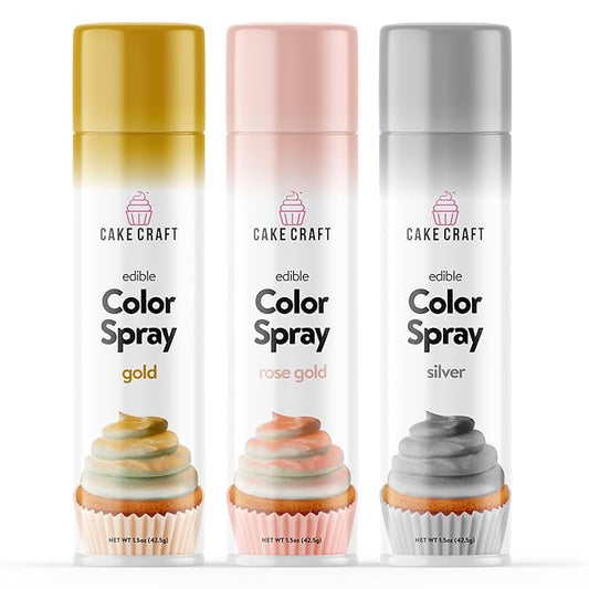 Cake Craft Edible Color Spray 3-Pack ??Gold, Silver & Rose Gold | Food Coloring Spray for Cakes, Cupcakes, Cookies & Desserts | Easy-to-Use Edible Spray Paint for Baking Decoration