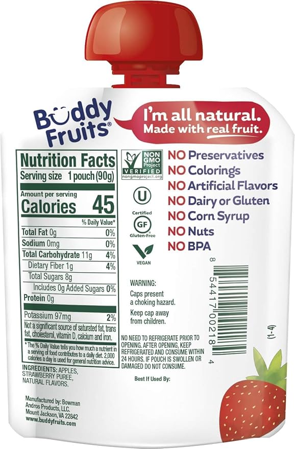 Buddy Fruits Snacks To Go Strawberry Unsweetened Applesauce 3.2oz Pouch (18pk) Gluten-Nut-Dairy-Preservatives-BPA Free, Non GMO, Kosher
