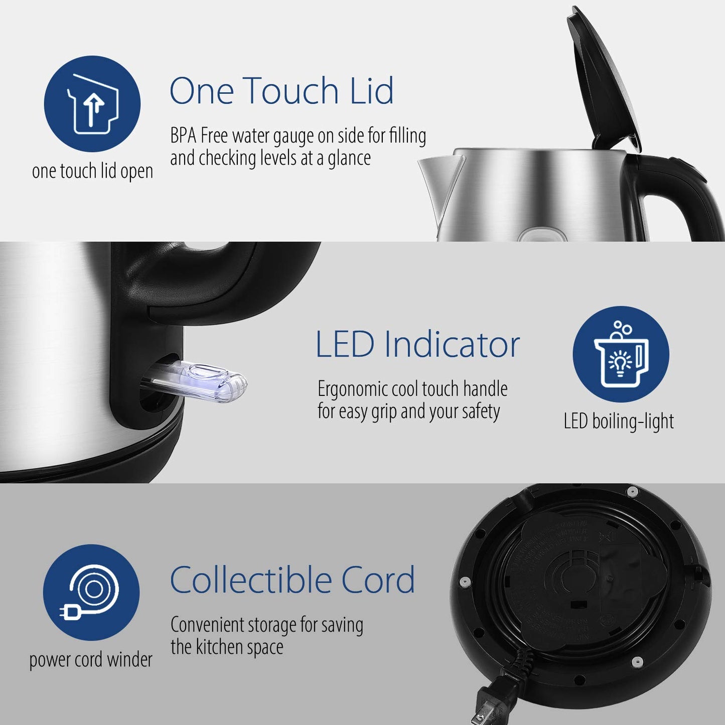 COMFEE' Stainless Steel Electric Kettle, 1.7 Liter Tea Kettle Electric & Hot Water Kettle, 1500W
