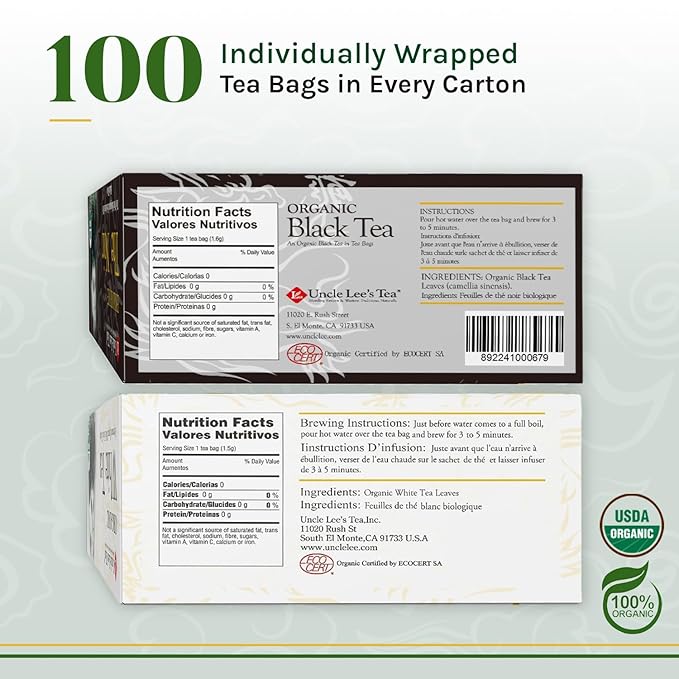 Uncle Lee's Organic White & Black Tea Variety 2-Pack – Premium Organic Tea, Smooth & Bold, Antioxidant-Rich, Delicious Hot or Iced, 100 Count Ea