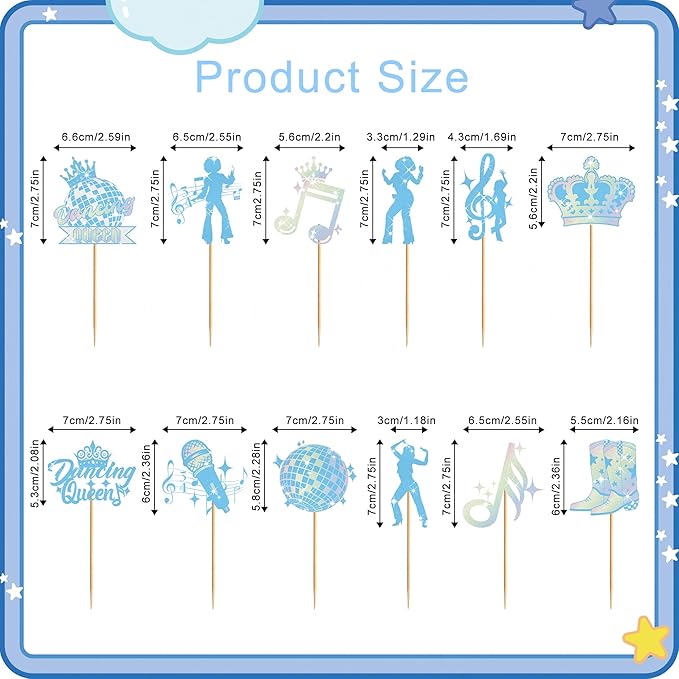 24Pcs Dance Queen Cupcake Toppers, Blue Disco Ball & Music Note Cupcake Decorations, Girl's 17th Birthday Party Supplies, Vintage Disco Theme