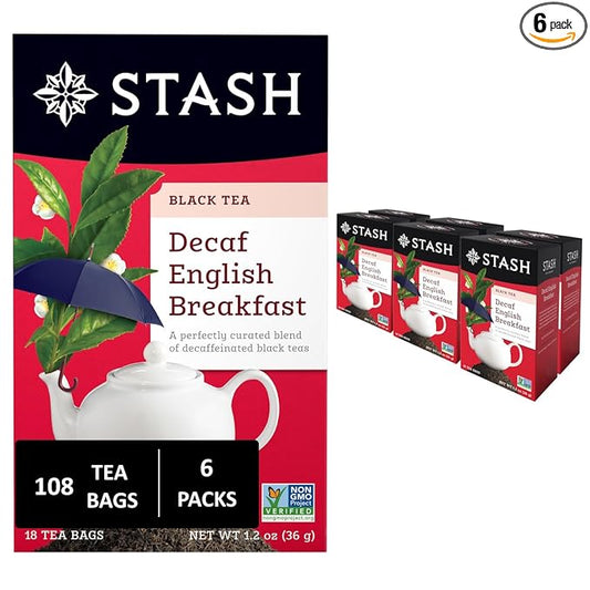Stash Tea Decaf English Breakfast Black Tea - Decaf, Non-GMO Project Verified Premium Tea with No Artificial Ingredients, 18 Count (Pack of 6) - 108 Bags Total