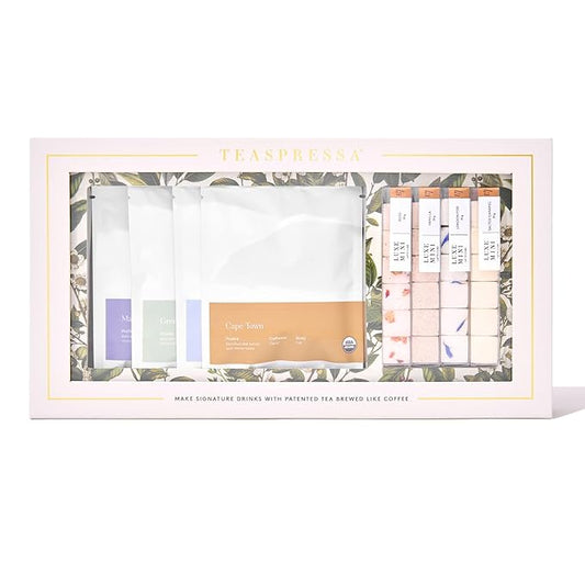 Tea Latte Sampler Kit by Teaspressa – Tasting Set with 4 Signature Organic Tea Blends & 4 Luxe Sugar Cubes – Black, Green, Rooibos Teas – Rose, Vanilla, London Fog – Gift Set