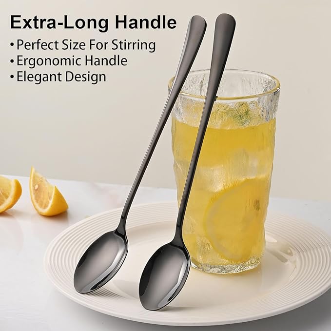 7.5 Inches Black Coffee Stirring Spoons Set,Set Of 8 Stanless Steel Iced Teaspoons,Long Handle Mixing Spoons For Cocktail And Sundae,Long Ice Cream Spoons