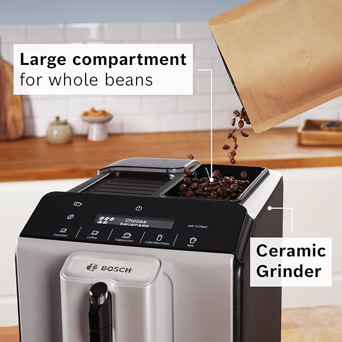 Bosch 300 Series Fully Automatic Espresso and Coffee Machine ??In-Cup Frother, OneTouch Milk Drinks, 5 Drink Options, Ceramic Grinder, Easy Clean & Descale, in Silver TIU20307
