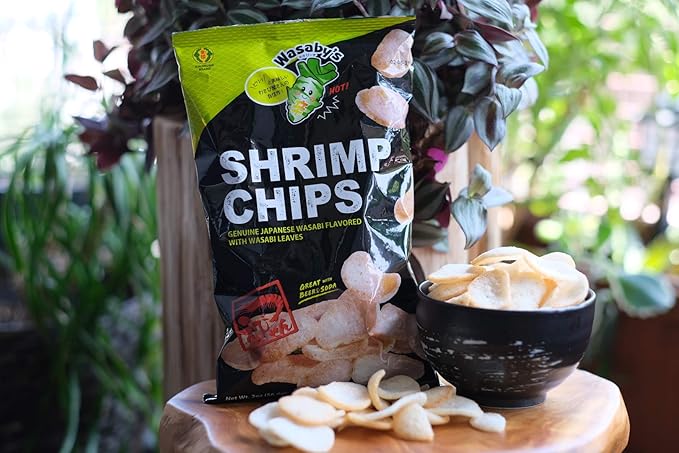 Genuine Wasabi Shrimp Chips(Pack of 3) - 2 oz- Japanese Snacks, Wasabi Powder, Japanese Chips, Prawn Crackers, Spicy Wasabi Flavor, School Snack, Light and Crispy - Kinjirushi Brand