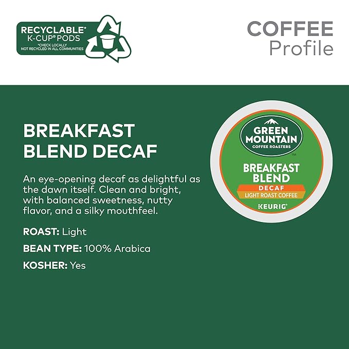 Green Mountain Coffee Roasters Decaf Breakfast Blend, Single-Serve Keurig K-Cup Pods, Light Roast Coffee, 32 Count (Pack of 4)