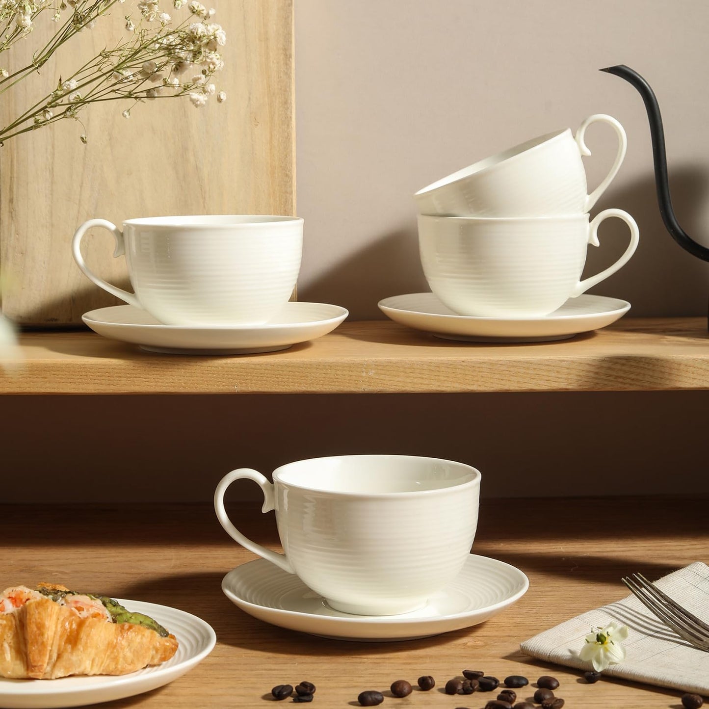 Feenmai 12 oz Cappuccino Cups with Saucers, Ceramic Espresso Coffee Cups Set of 4, White Latte Cup