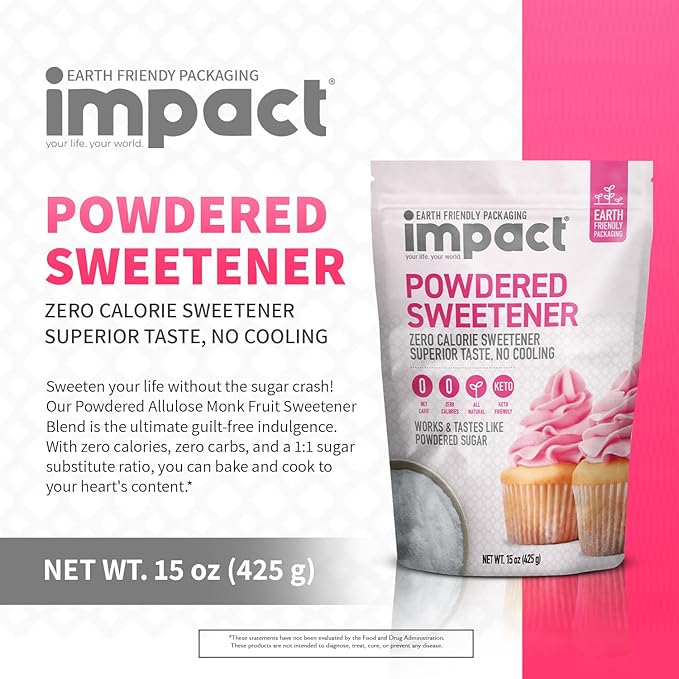 Impact Powdered Sweetener - Allulose, White Monk Fruit Blend ??Zero Calorie and Carb, Keto-Friendly, Guilt-Free Substitute for Baking & Cooking - 0.94 lbs