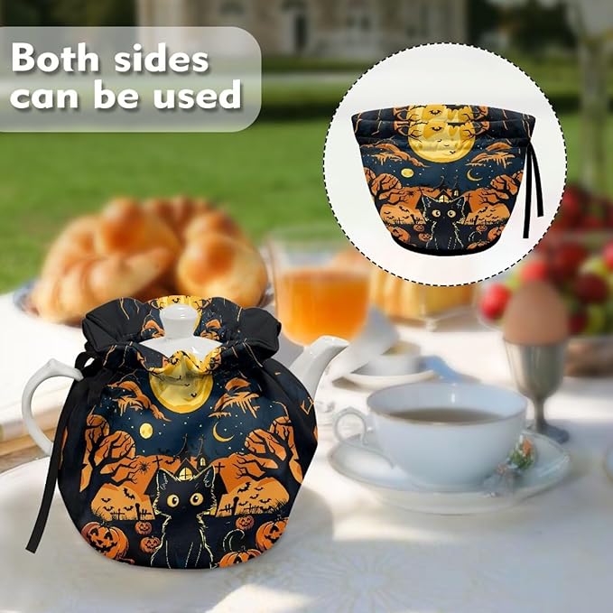 Black Cat Tea Cozy for Teapot Insulated Dust Proof Tea Pot Warmer for All Saints' Day Soft & Washable Teapot Dust Protector with Drawstring