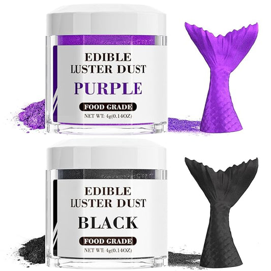 Luster Dust Edible Set - 2 Colors Food Grade Cake Dust Shimmer Powdered, Cherrysea Powder Food Coloring for Cocktails, Cookie Decorations, Cake, Drinks, Fondant, Candy - 4g/Bottle - Black+Purple