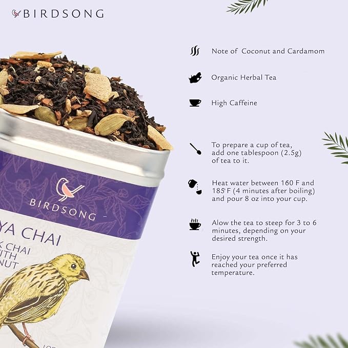 Birdsong Baya Chai- Organic Black Tea with Coconut, Citrus and Nutty Notes, Healthy English Breakfast Assam Tea with 100% Natural Sweetness and Caffeine, 15 Non-GMO Plant-Based Pyramid Tea Bags