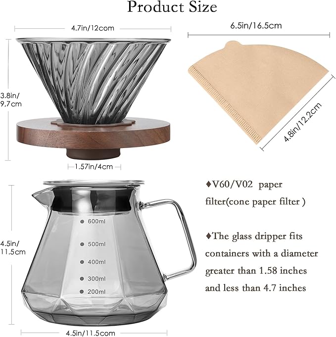 Pour Over Coffee Maker, 20 oz Borosilicate Glass Carafe with 100 pcs V60 Paper Filter, Walnut Handle & Glass Lid, Drip Coffee Maker for Home Caf챕 Restaurant Camping, 600 ml, Gray
