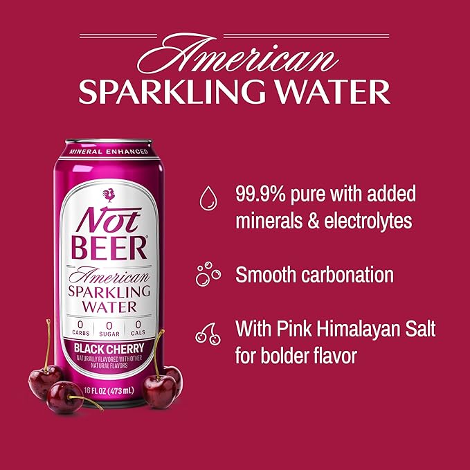 Not Beer American Sparkling Water, Black Cherry, 99.9% Pure, Mineral & Electrolyte Blend, Carbonated Water, Soda Water, Sparkling Water Cans, Made in America, 16 Oz Tallboy Cans, 12 Pack