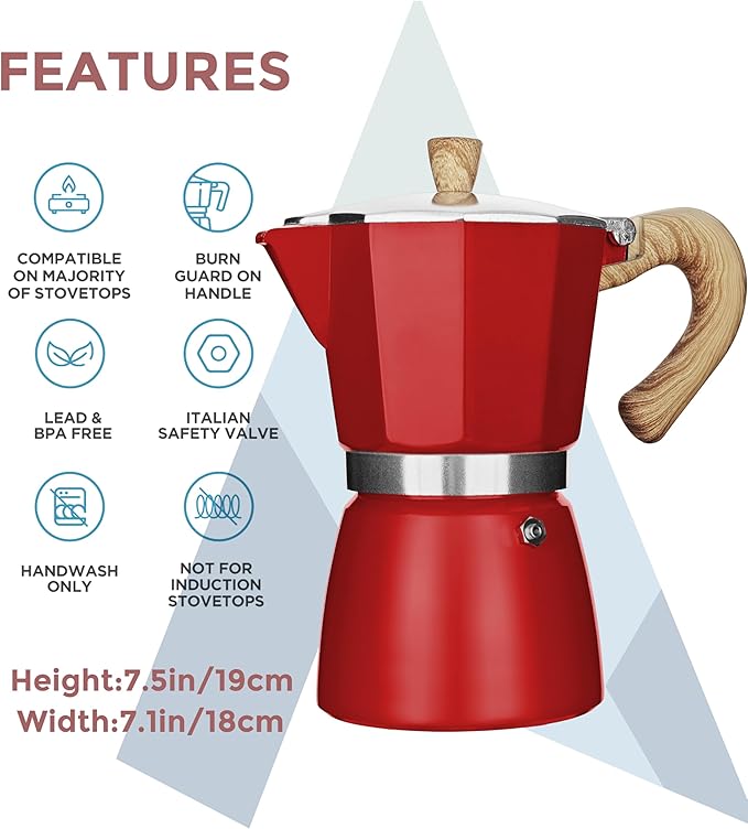 AGOGO Milano Moka Pot, Stovetop Espresso Maker, Greca, Coffee Percolator, Turkish Coffee Maker with Paper Filter 6 Cup Red