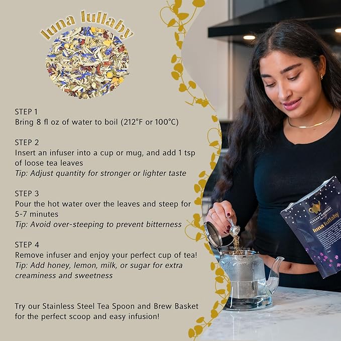 Luna Lullaby Sleep Tea, Organic Loose Leaf Herbal Tea ??Calming, Relaxing Bedtime Tea ??Chamomile, Valerian Root, Peppermint ??4 oz Resealable Bag (Makes 50 Cups) ??The Elegant Elephant