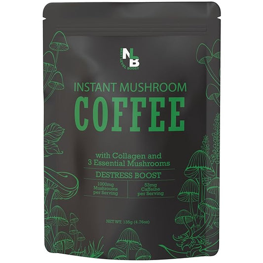 Destress Boost Organic Mushroom Instant Coffee - 135g, 15 Servings Pouch - Healthy Coffee alternative and Substitute - With Gaba, Collagen, Lions Mane and Antioxidants