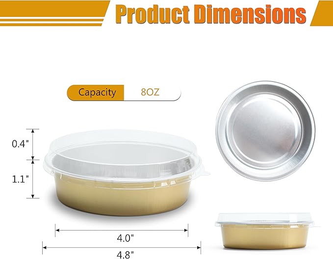 Disposable Aluminum Baking Cups Bulk, 50Pcs Gold Mini Cake Pans with Clear Lids for Muffin, 7.2oz