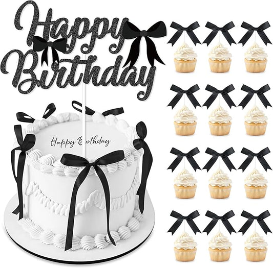 Black Bow Cake Toppers, Happy Birthday Sign, 12Pcs Ribbion Bow Cupcake Toppers & 6Pcs Cake Toppers for Black Bow Birthday Decorations, Baby Shower, Bridal Shower, Graduation Party