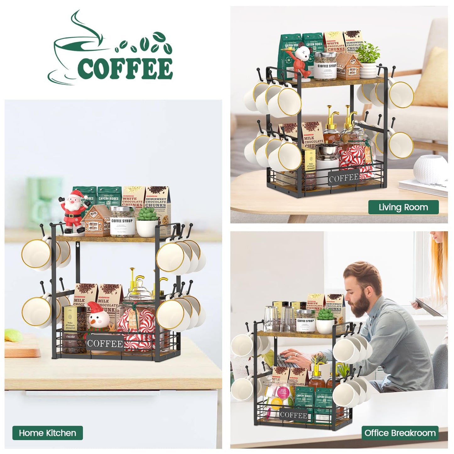 EsLuker.ly Coffee Mug Cup Holder Tree Bar Station Organizer, 2 Tier Mug Stand Rack for Countertop