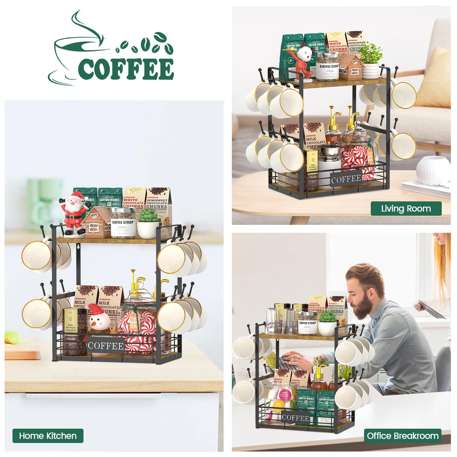 EsLuker.ly Coffee Mug Cup Holder Tree Bar Station Organizer, 2 Tier Mug Stand Rack for Countertop