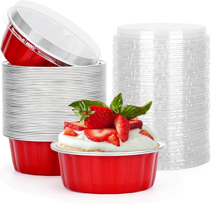 Beasea 8 oz Disposable Ramekins with Lids, 50 Pack Aluminum Foil Cups for Party Wedding Birthday - Red