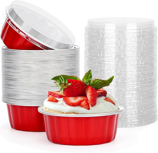 Beasea 8 oz Disposable Ramekins with Lids, 50 Pack Aluminum Foil Cups for Party Wedding Birthday - Red