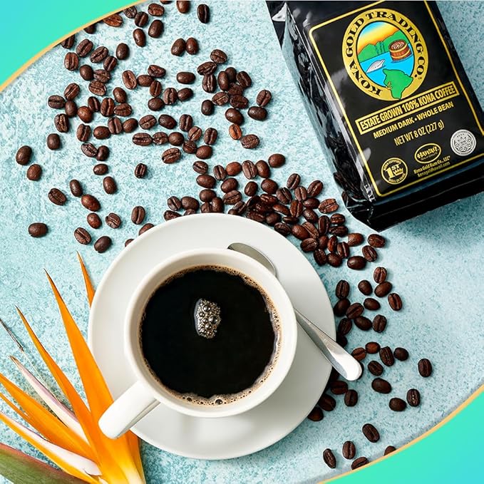 8oz 100% Kona Coffee Whole Beans by Kona Gold Rum Co. - Extra Fancy Freshly Roasted Medium/Dark Roast, Peach Notes with Cream Tones - Kona Coffee Whole Bean