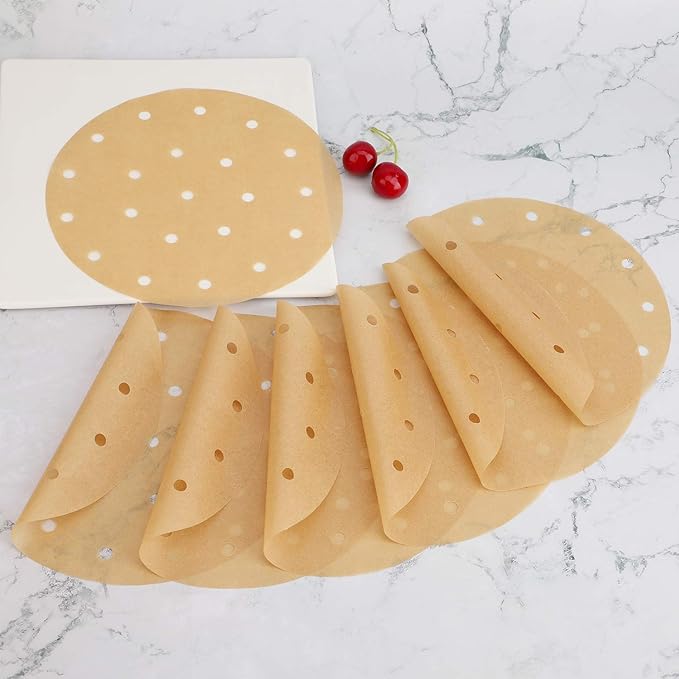 Beasea Air Fryer Parchment Paper 8 Inch, 200pcs Unbleached Fryer Disposable Paper Liners Round Air Fryer Filter Paper Perforated Parchment Paper Bamboo Steamer Papers for Air Fryer and Steaming Basket