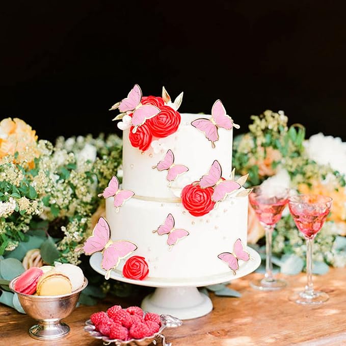 30PCS Butterfly Cake Toppers 3D Pink Gold Tail Butterfly Birthday Party Cupcake Toppers Decorations for Anniversary Wedding Party Baby Shower Supplies Wall Decor
