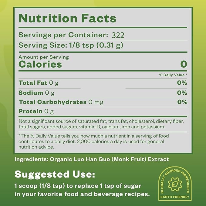 Organic Monk Fruit Sweetener, 125g (4.41oz), No Fillers Pure USDA Organic Monk Fruit Extract Powder with No Aftertaste, Zero Calorie & Zero Carbs, Keto & Paleo Friendly 320-400 Servings