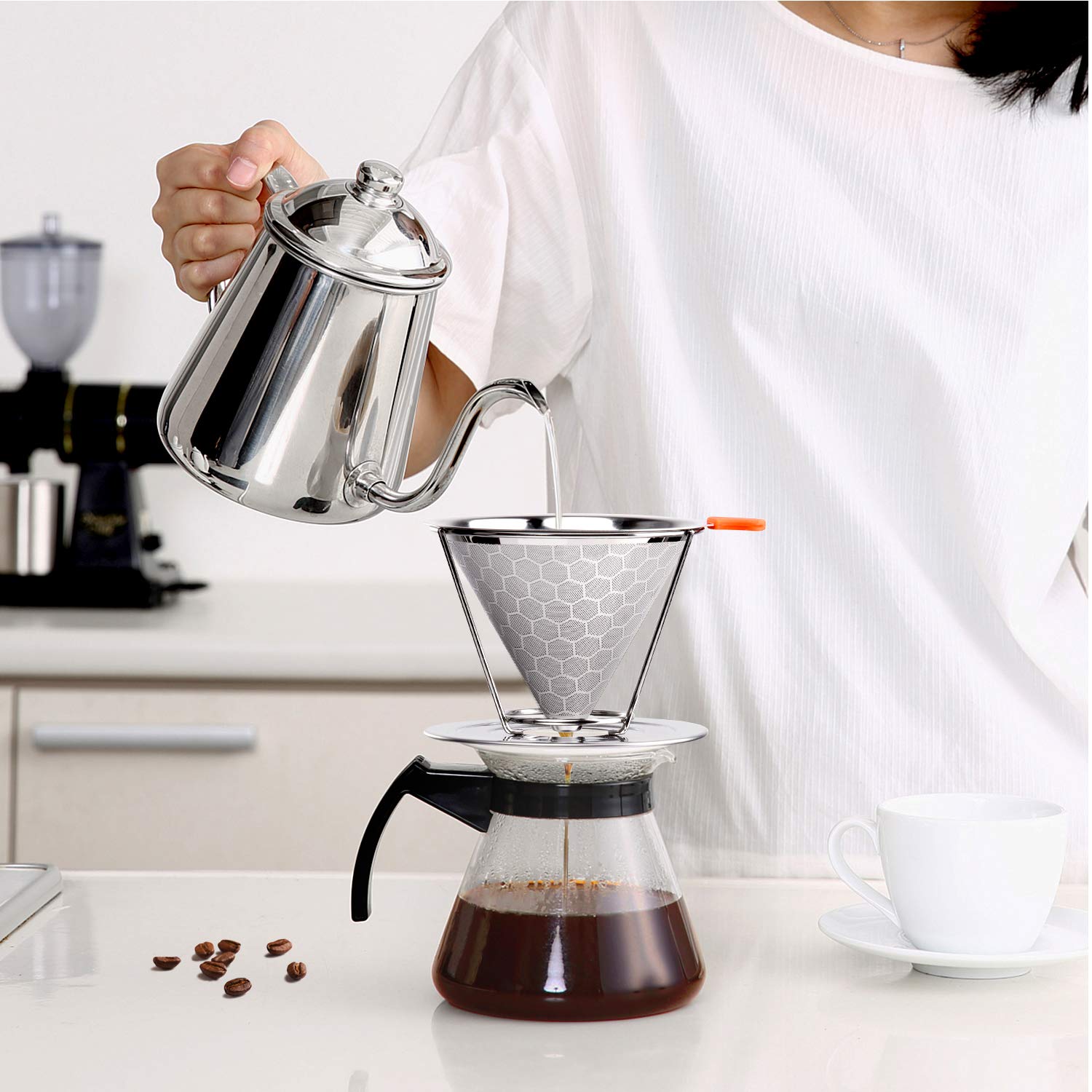 E-PRANCE Pour Over Coffee Dripper, Stainless Steel Coffee Filter Reusable Pour Over Coffee Filter