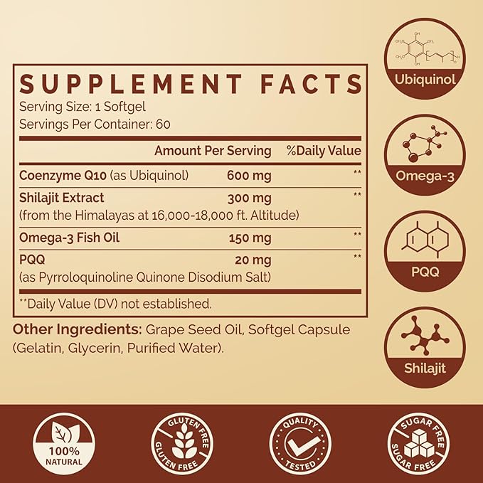 Ubiquinol CoQ10 600 MG Softgels with Omega-3 & Shilajit & PQQ, Advanced Dual-Delivery Coenzyme-Q10, Active CoQ10 Ubiquinol Supplement for Fertility, Antioxidant, Heart, Brain & Energy, 180 Servings