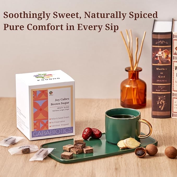 FOODHO GABA Joy Cubes Brown Sugar Cubes Health Blend with Ginger, Longan and Red Dates, Natural Muscovado Sugar, Soothing Ginger Tea, No Preservatives, 70 cubes