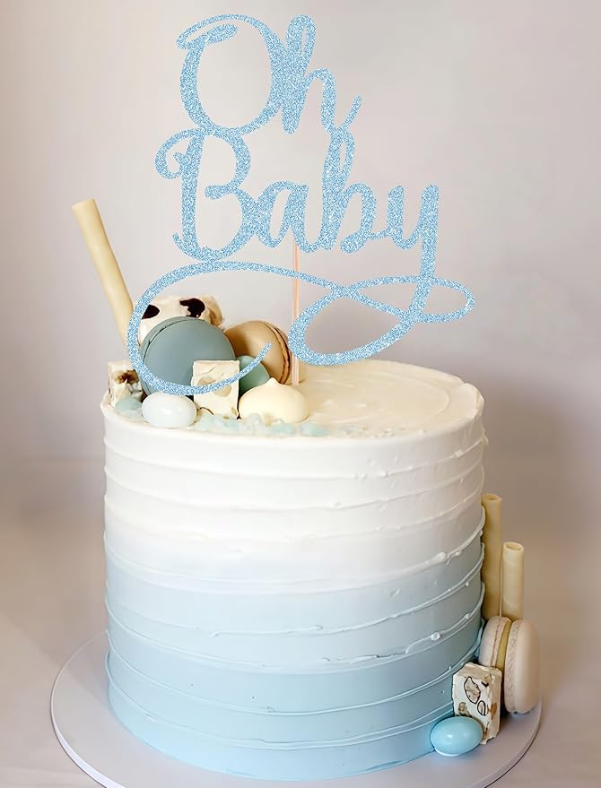 Oh Baby Cake Topper - Light Blue Glitter Baby Birthday Party Cake Decoration Supplies, for Baby Shower/Gender Reveal Party Photo Booth Props