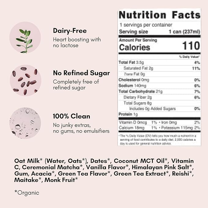 Pop & Bottle, Oat Milk Lattes - Matcha with Reishi and Maitake Mushrooms, Green Tea Latte, MCT Oil, Organic, Dairy Free, Gluten Free, Lightly Sweetened with Dates - Matcha, 8 Fl Oz (12 Pack)