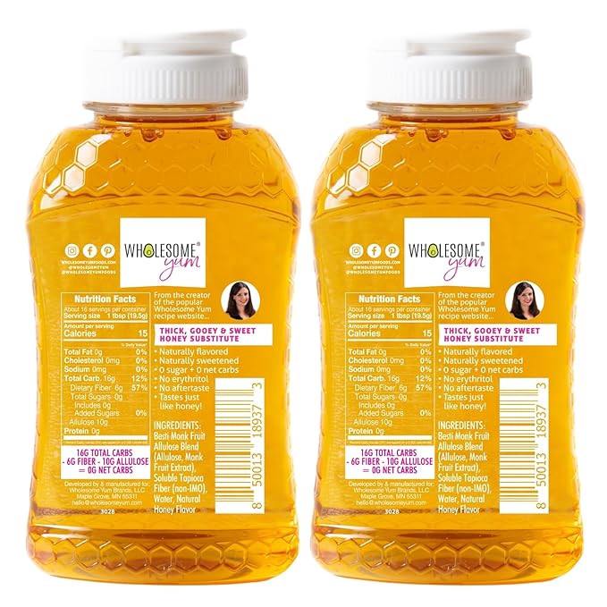 Wholesome Yum Zero Sugar Honey Substitute (2 Pack) - Natural Sugar Free Honey Alternative With Monk Fruit & Allulose - Zero Net Carbs, Non GMO, Gluten Free, Keto, No Aftertaste (11 oz)