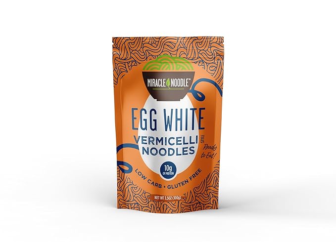 Miracle Noodle Egg White Vermicelli Pasta, 3.5 Oz (Pack of 6), Ready to Eat Egg White Noodles, 10g Protein, 45 Calories, 1g Net Carbs Per Serving, High Protein, Keto, Gluten-Free