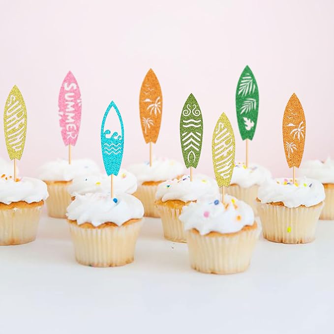 24Pcs Surfboard Cupcake Toppers Swimming Pool Birthday Party Decorations Picks Surfboard Mini Accents for Swimming Pool Summer Beach Party Baby Shower Party Supplies