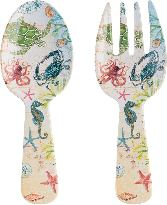 UPware Sea Life Melamine Salad Servers, Serving Utensil Set, Includes Serving Fork and Spoon for Tossing Salad, Multicolor, 10.75 Inch, Set of 2