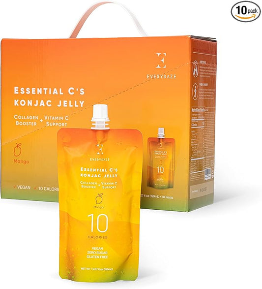 EVERYDAZE Essential C?셲 Konjac Jelly | Mango | Vegan Collagen Peptides and Vitamin C | Gluten Free, Sugar Free, Low Calorie | Healthy Drinkable Fruit Snack | 10 Pack Box Food Drink Pouch