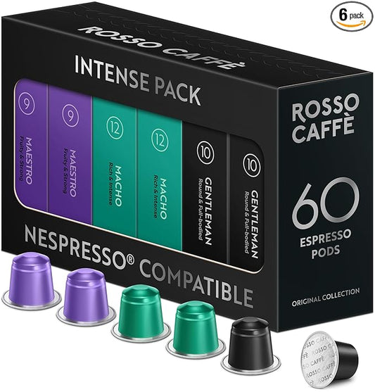ROSSO CAFFÈ 60 Espresso Coffee Pods for Nespresso Original Machines - Pack of Rich and Bold Capsules, 3 Premium Intense Dark Flavors