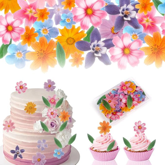 60 Pcs Edible Flowers Cake Decorations - Edible Flowers Wafer Paper Flowers & Leaves Cupcake Toppers for Wedding Birthday Party Cake Decorating (Mixed Size & Colour)