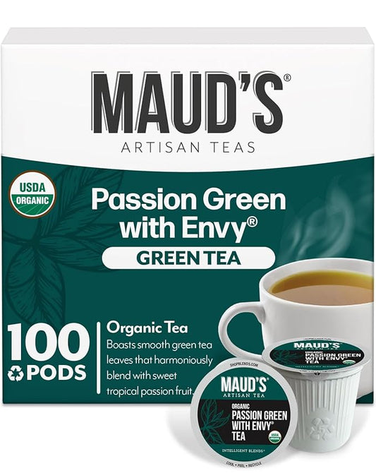 Maud's Organic Passion Green Tea Pods, 100 ct, Recyclable Single Serve Tea Pods ??100% Gourmet Blended Tea Leaves, Compatible with Keurig K Cups Maker