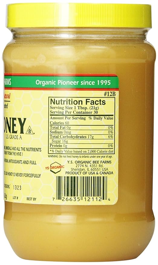 Y.S. Bee Farms Organic Honey Raw Unfiltered - 22 oz 2 Pack - U.S. Grade A Raw Honey, Packed by ILIOS