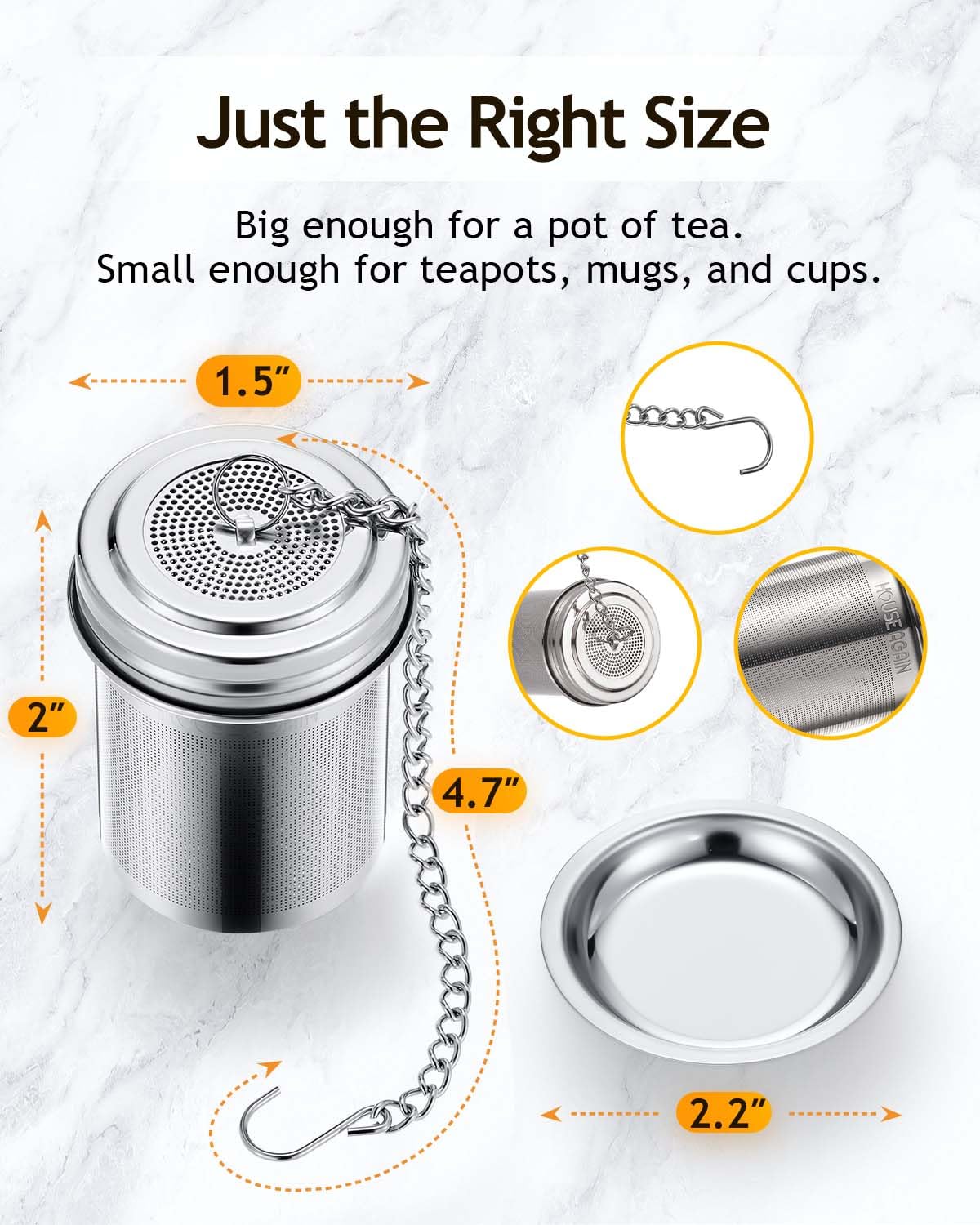HOUSE AGAIN Tea Infuser, Extra Fine Mesh Tea Infusers for Loose Tea, 18/8 Stainless Steel Tea