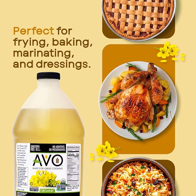 AVO ORGANIC CANOLA Oil Frying, Baking, Non-stick Saut챕ing, Salads, Vinaigrette, Marinades, Pan Coating, General Cooking 64 Fl-oz (Half a Gallon), NO preservatives added, Naturally Processed
