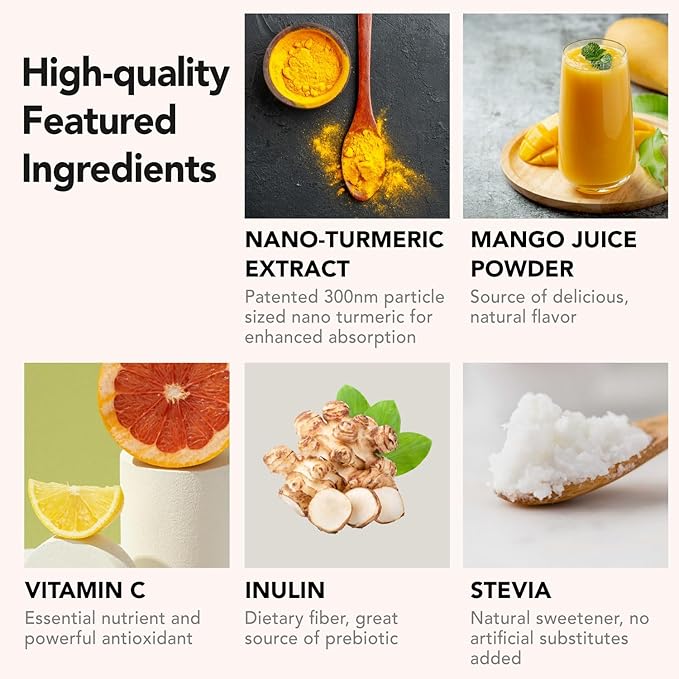 Nano Turmeric Curcumin Drink Powder, Golden Juice for Wellness & Immunity, No Turmeric Taste, Add to Smoothies/Water Daily Morning Routine??5X Absorption?밠ango Flavor?밓oint Support Supplement